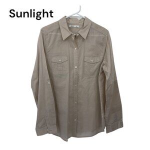 Old Navy Women SZ L Button-Up Long Sleeve Shirt Beige 100% Cotton